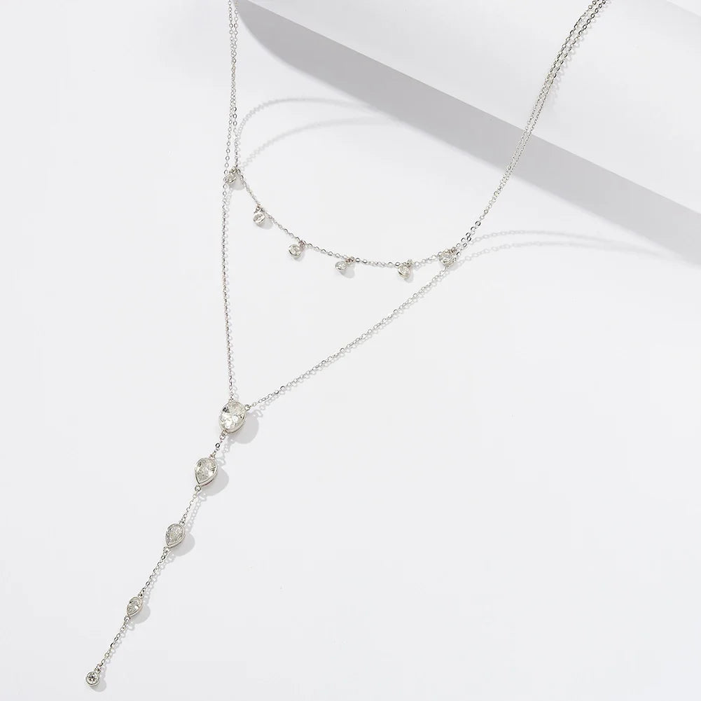 Layered Y Necklace 925 Sterling Silver | Cubic Zirconia Drop Necklace | Elegant Silver & Gold Layered Jewelry