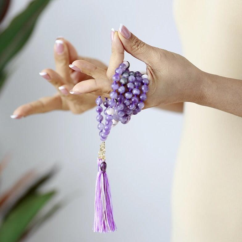 Lotus Pendant Mala Necklace – Amethyst & Jasper