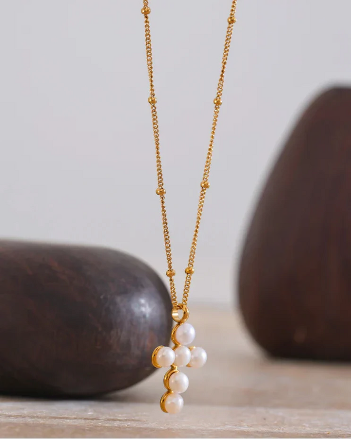 Pearl Cross Necklace (Gold Plated)