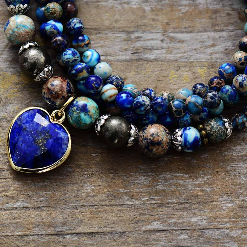 Jasper & Lapis Lazuli Heart Charm Wrap Bracelet–Necklace