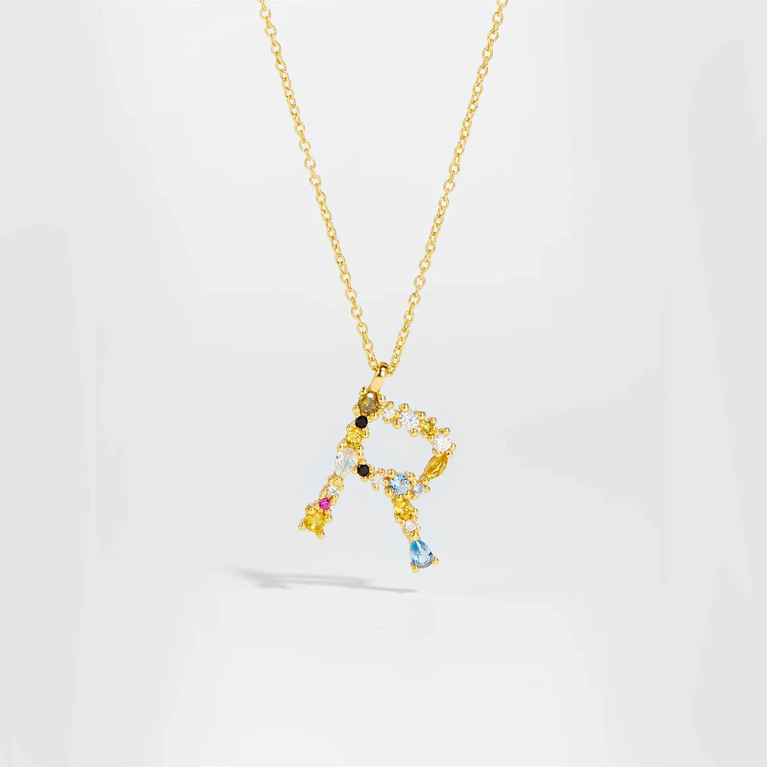 Colorful Crystal Initial Letter 925 Sterling Silver Necklace