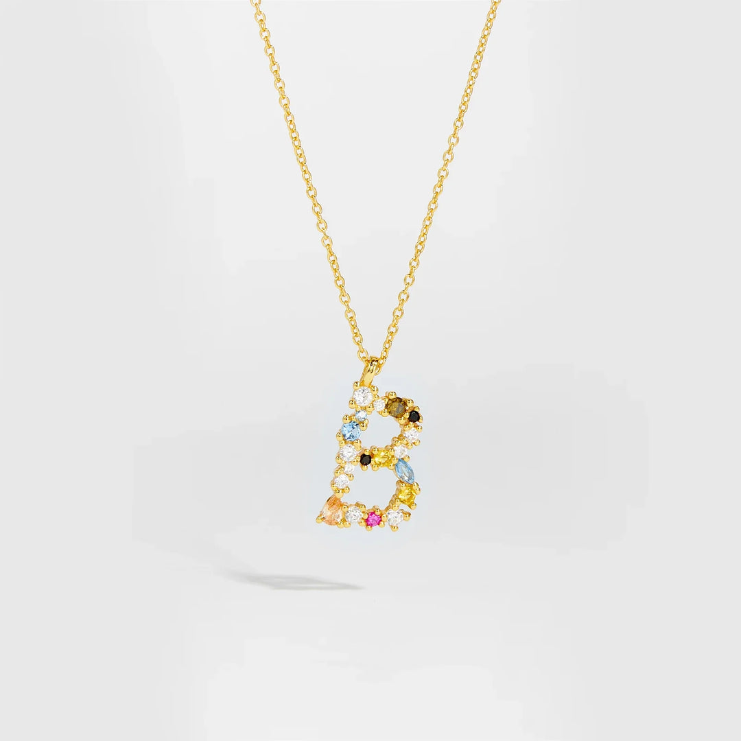 Colorful Crystal Initial Letter 925 Sterling Silver Necklace