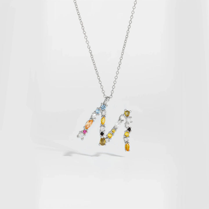 Colorful Crystal Initial Letter 925 Sterling Silver Necklace