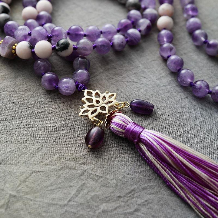 Lotus Pendant Mala Necklace – Amethyst & Jasper