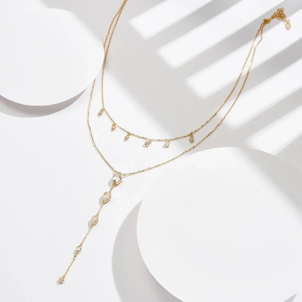 Layered Y Necklace 925 Sterling Silver | Cubic Zirconia Drop Necklace | Elegant Silver & Gold Layered Jewelry