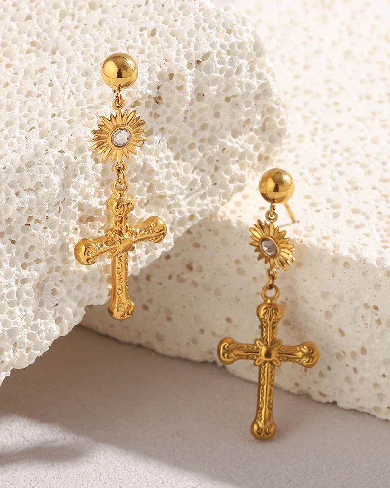 Cross Earring with Sun (Gold Plated)