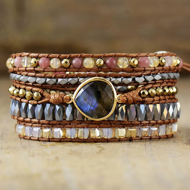 Labradorite Teardrop Charm Beaded Wrap Bracelet