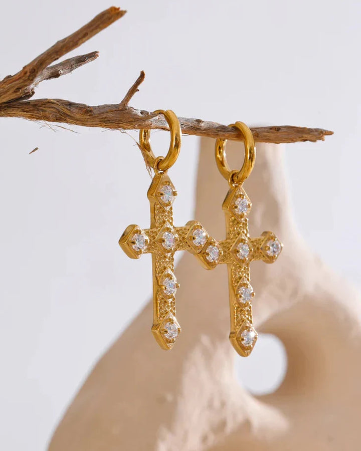 Hoop Earrings with Inset Cross (Gold-Plated)