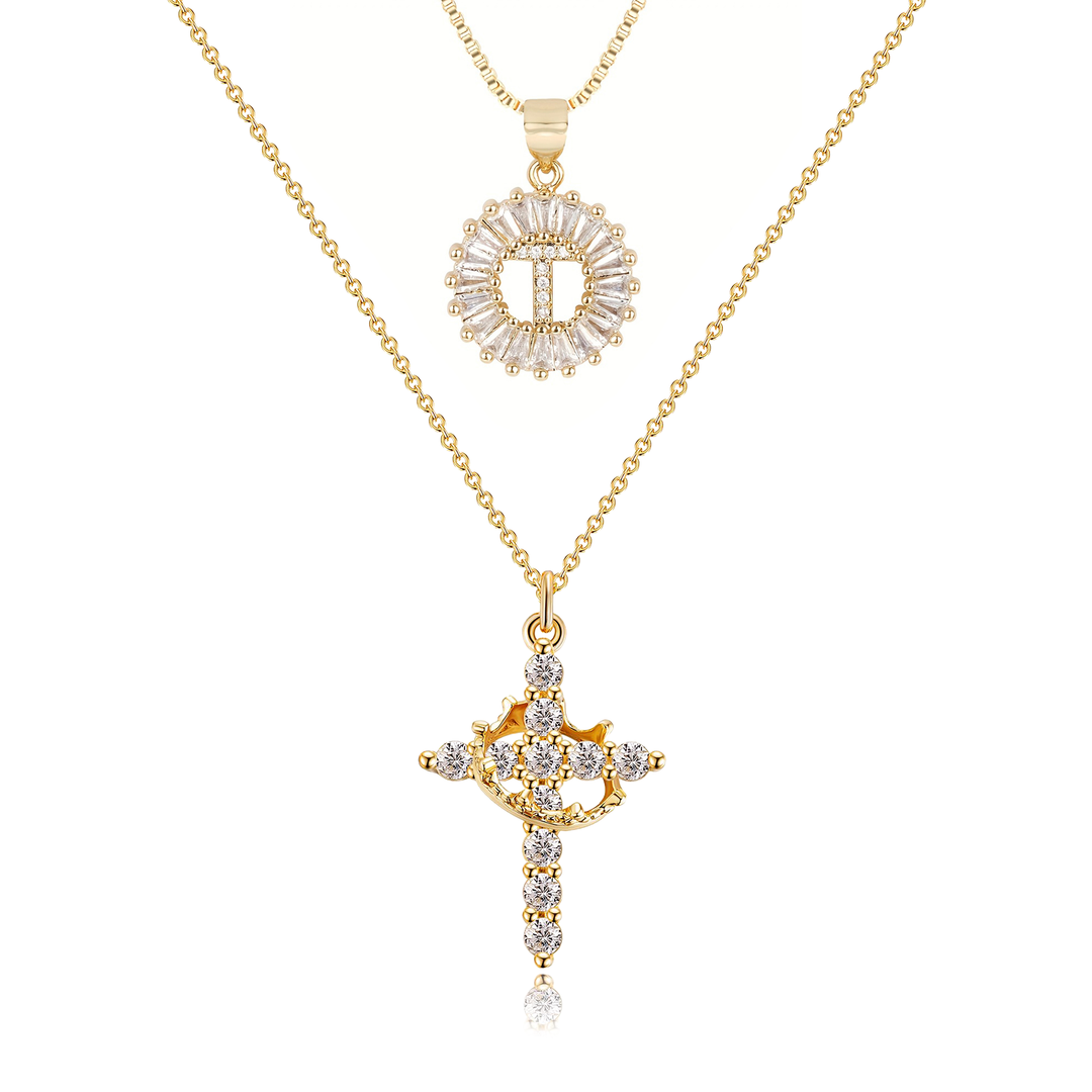 2pc 14k Diamond Cross Crown & Initial Necklace Set