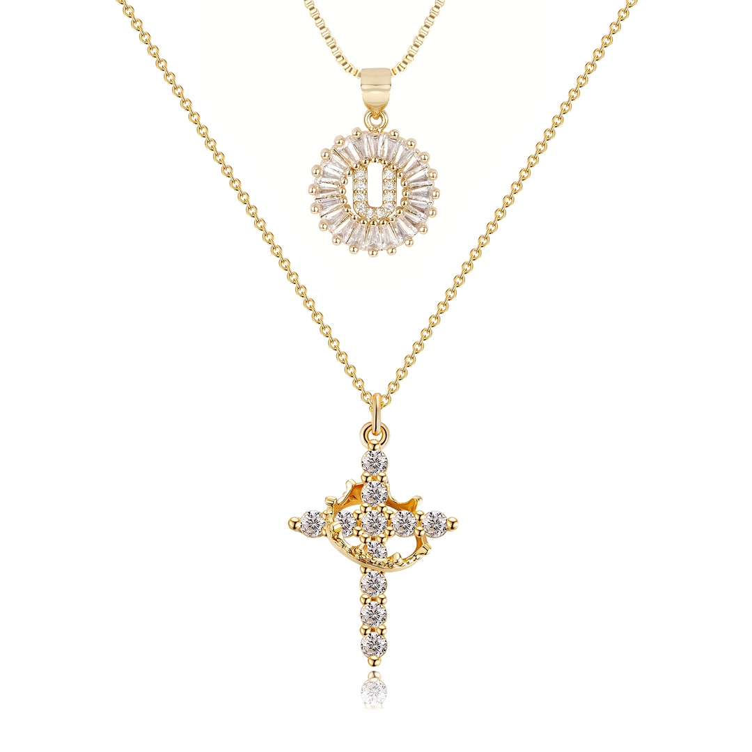 2pc 14k Diamond Cross Crown & Initial Necklace Set