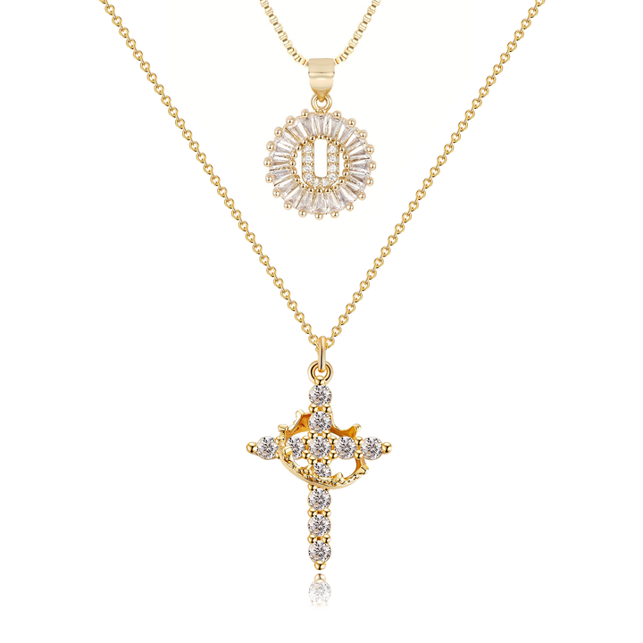 2pc 14k Diamond Cross Crown & Initial Necklace Set