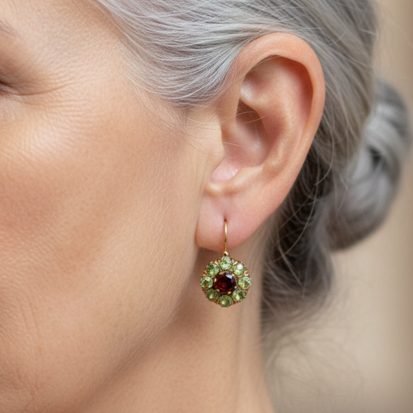 Vintage Rounded Green & Red Crystal Earrings