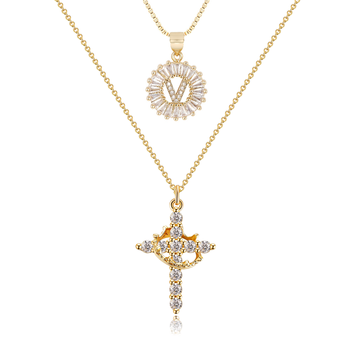 2pc 14k Diamond Cross Crown & Initial Necklace Set