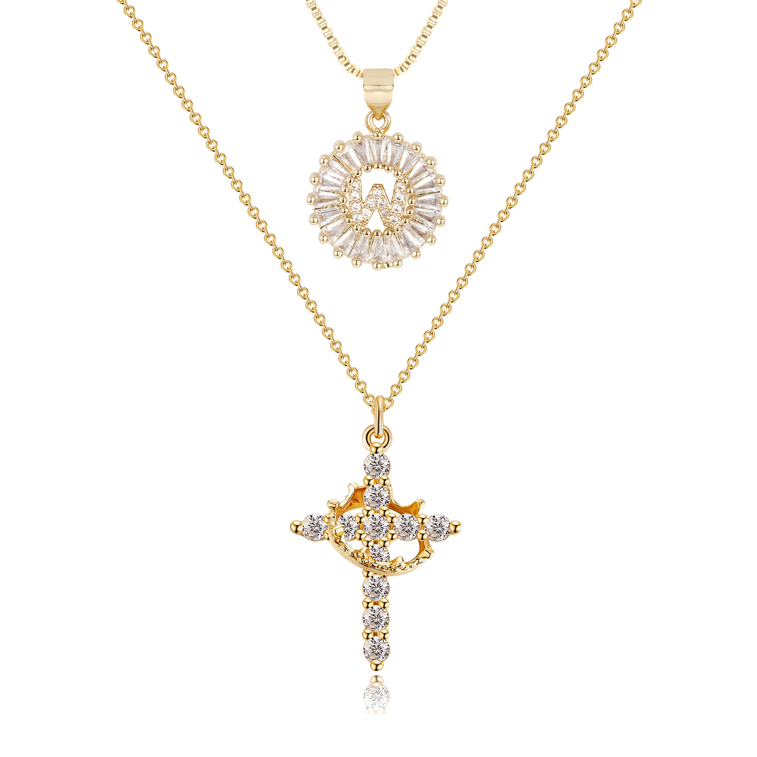 2pc 14k Diamond Cross Crown & Initial Necklace Set