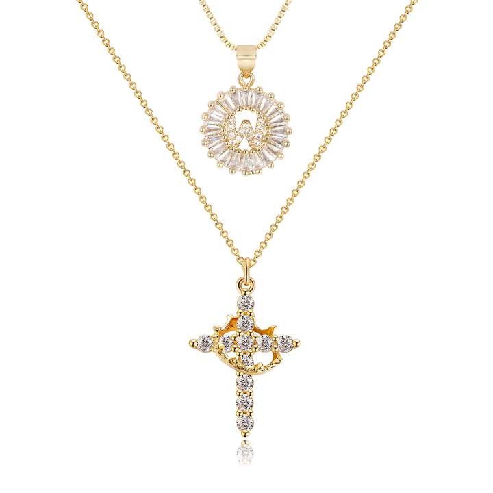 2pc 14k Diamond Cross Crown & Initial Necklace Set
