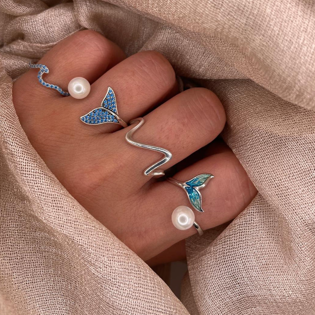 Mermaid Tail Pearl Open Adjustable 925 Sterling Silver Ring