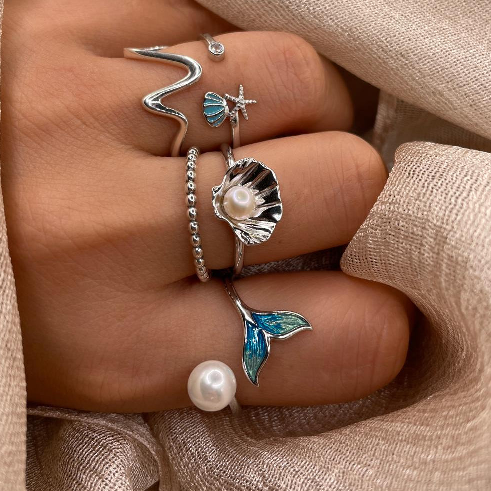 Mermaid Tail Pearl Open Adjustable 925 Sterling Silver Ring