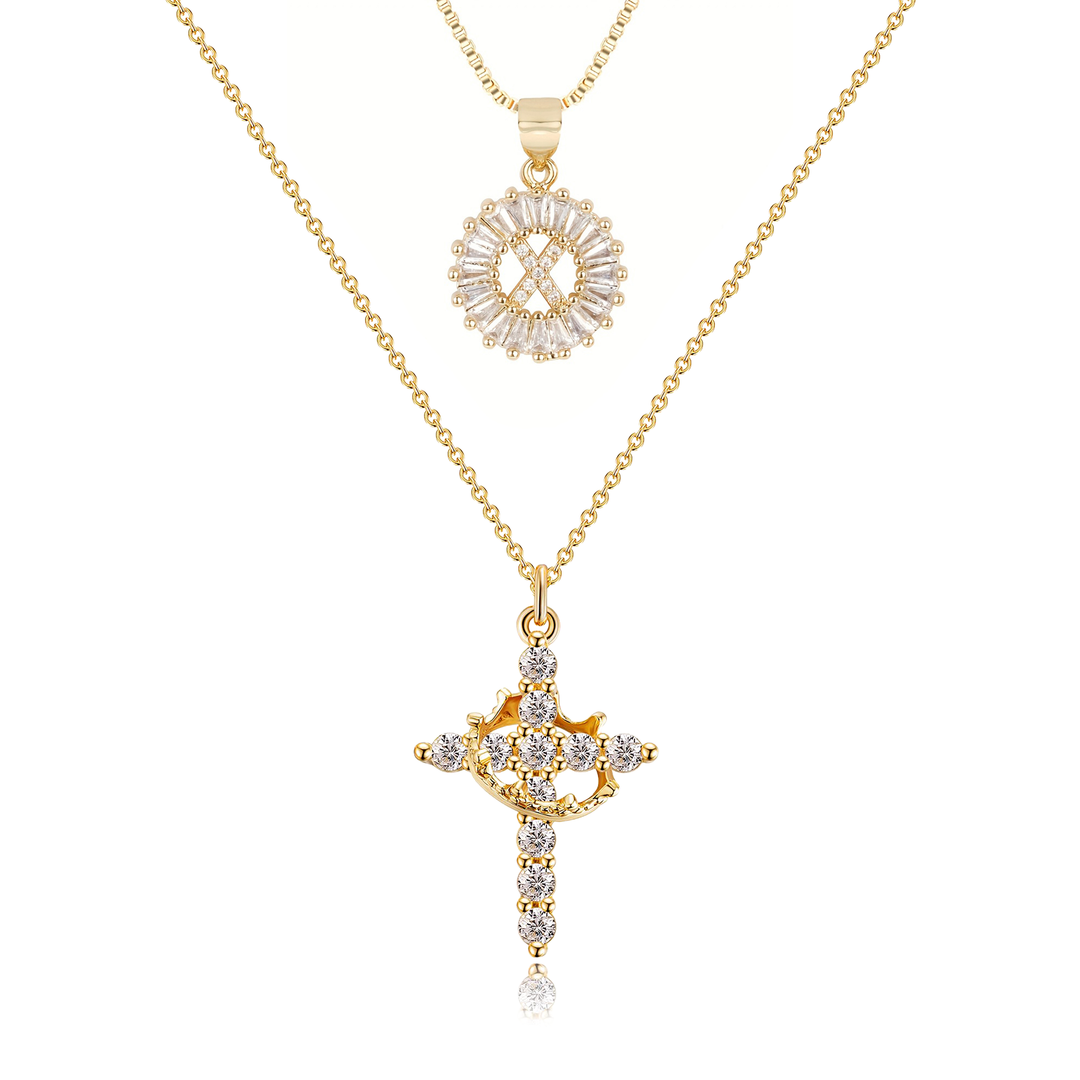 2pc 14k Diamond Cross Crown & Initial Necklace Set