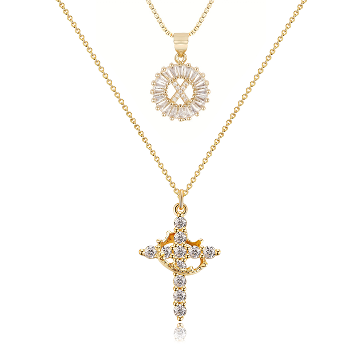 2pc 14k Diamond Cross Crown & Initial Necklace Set