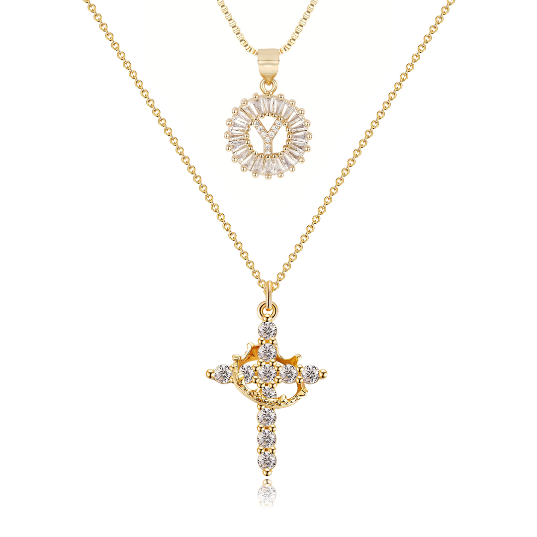 2pc 14k Diamond Cross Crown & Initial Necklace Set