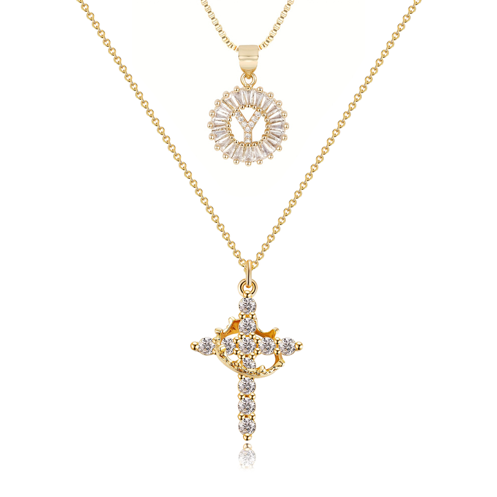 2pc 14k Diamond Cross Crown & Initial Necklace Set