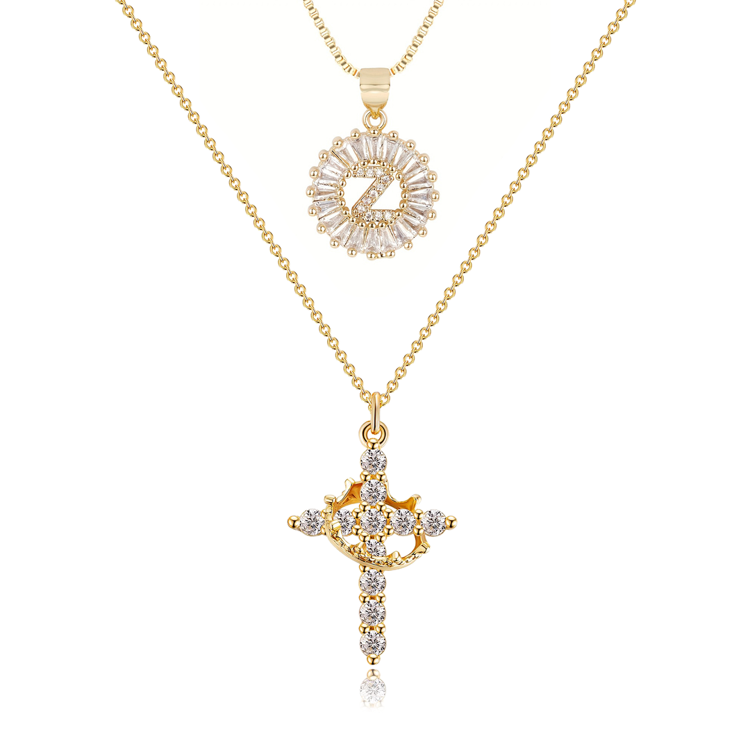 2pc 14k Diamond Cross Crown & Initial Necklace Set