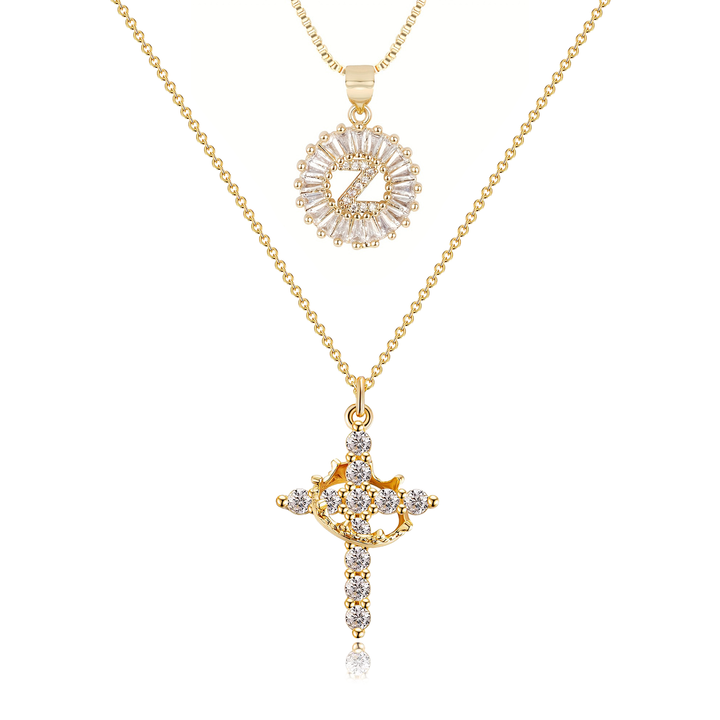 2pc 14k Diamond Cross Crown & Initial Necklace Set