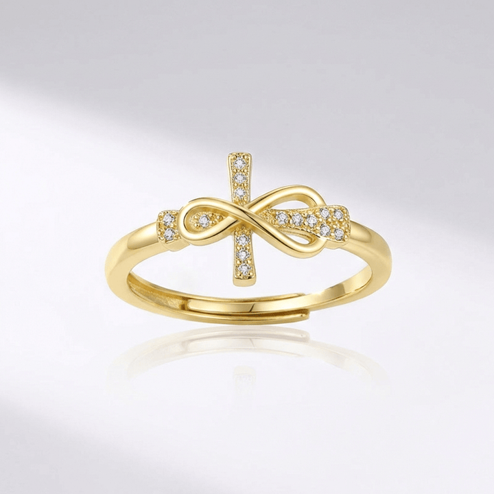 TIE & CROSS SILVER RING WITH ZIRCONS - (ADJUSTABLE)