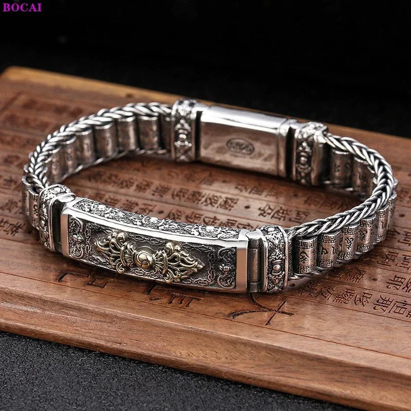 Silver Six Character Truth Vajra Pestle Rotating Drum Hand Bracelet