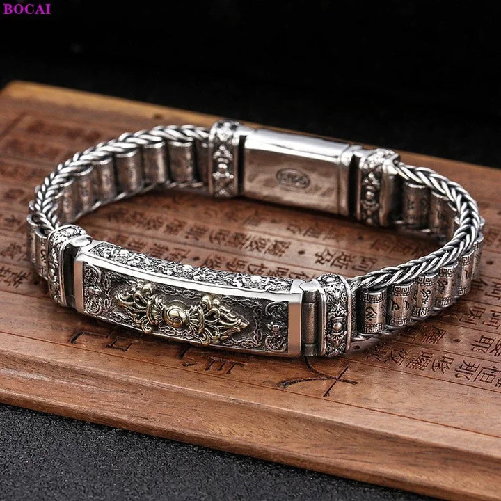 Silver Six Character Truth Vajra Pestle Rotating Drum Hand Bracelet
