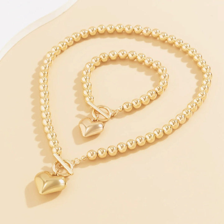 2pc Beaded Heart Pendant Bracelet and Necklace Set