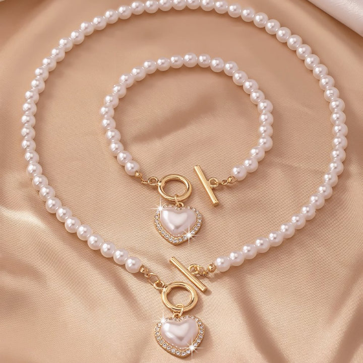 2pc Beaded Heart Pendant Bracelet and Necklace Set