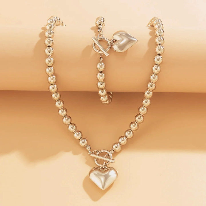 2pc Beaded Heart Pendant Bracelet and Necklace Set