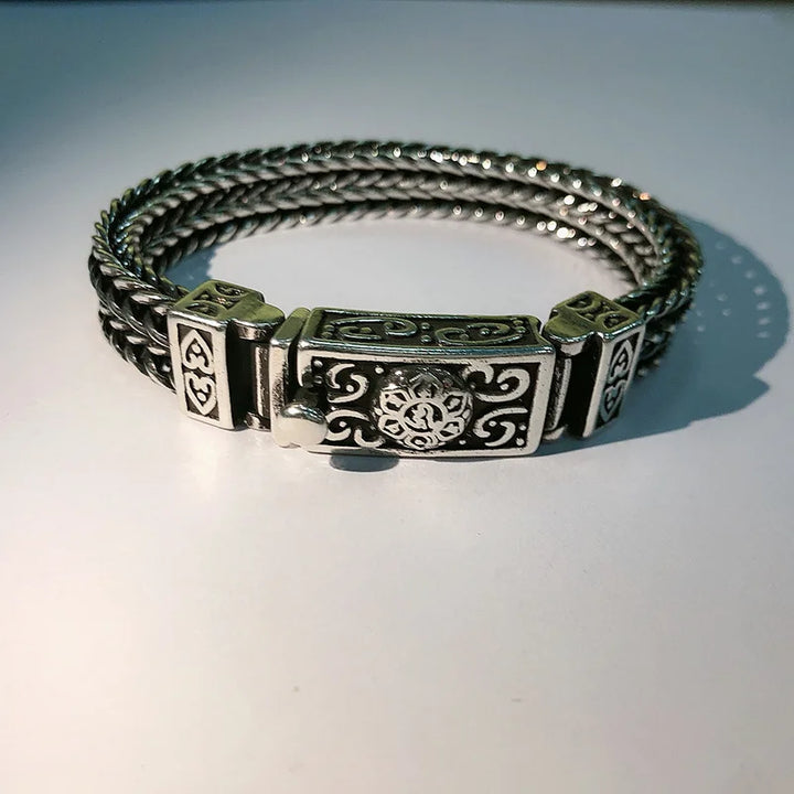 Silver Embossed Auspicious Pattern Custom Roman Vintage Bracelet