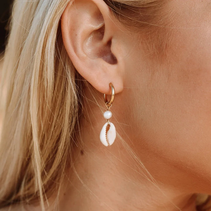 Cowrie Shell & Pearl Hoop Earrings