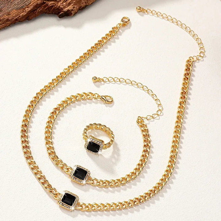 Cuban Square Diamond Necklace, Bracelet, and Ring Set