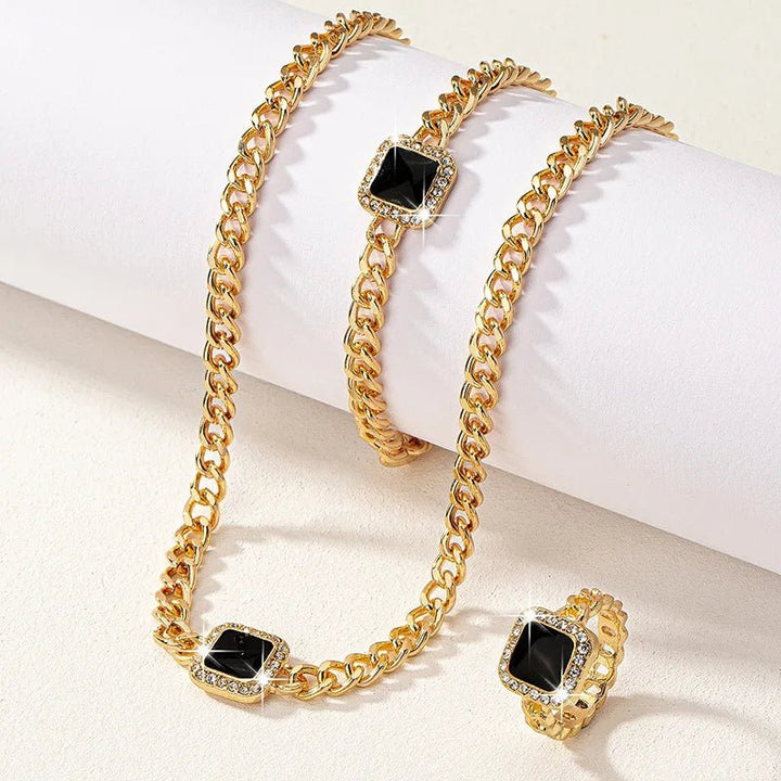 Cuban Square Diamond Necklace, Bracelet, and Ring Set