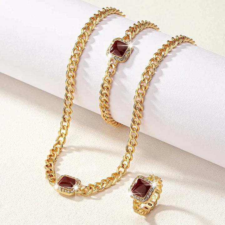 Cuban Square Diamond Necklace, Bracelet, and Ring Set