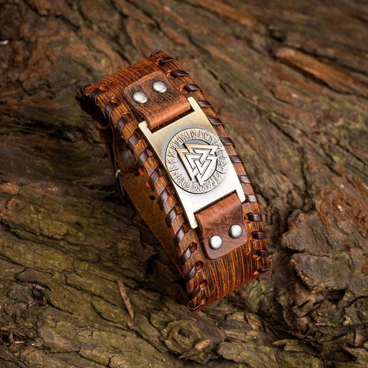 Genuine Leather Buckle Arm Cuff Valknut Rune Metal Bracelet