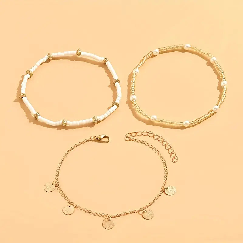3-piece layered set of anklets Coastal Charm | Gold