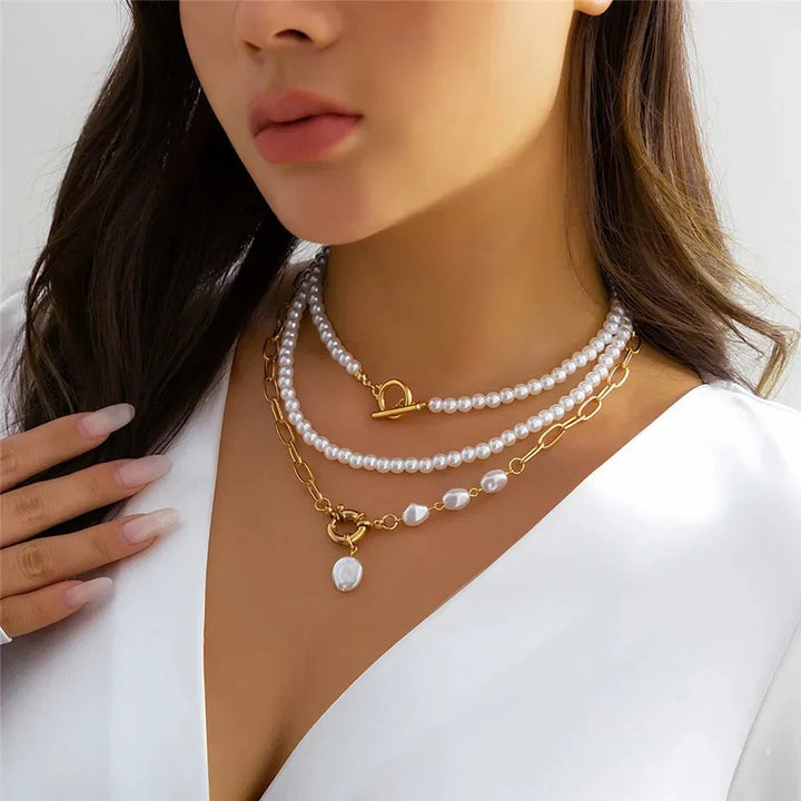 Classy Beaded Pearl Necklace Stacks