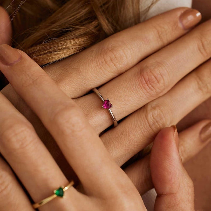 For Love - Engraved Heart Birthstone Ring