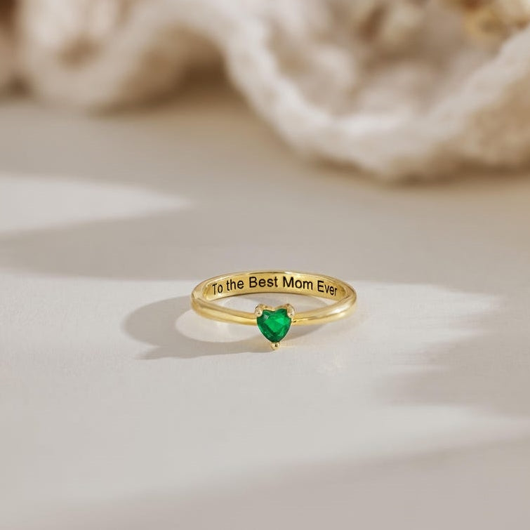 For Love - Engraved Heart Birthstone Ring