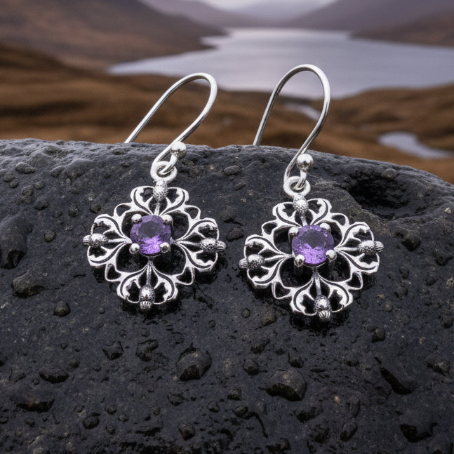 Nairn Scottish Thistle Earrings with Amethysts