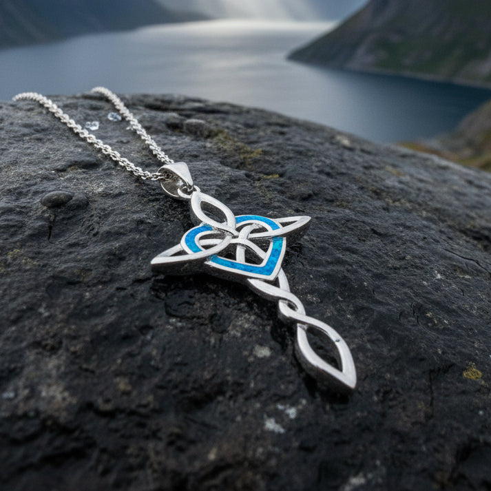 Aurora Opal Celtic Cross Necklace in Sterling Silver