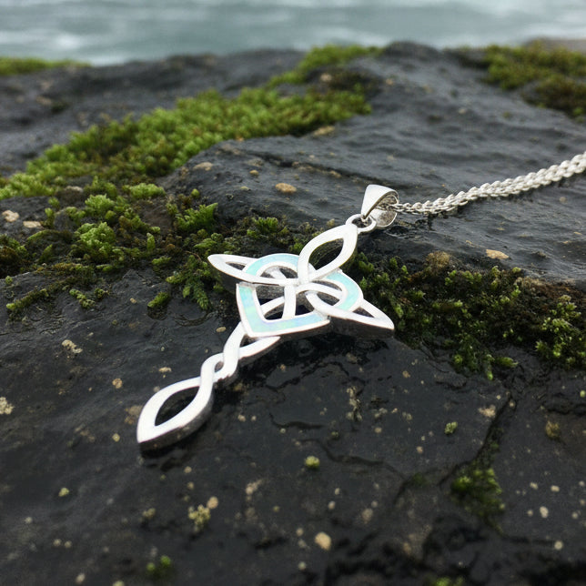 Aurora Opal Celtic Cross Necklace in Sterling Silver