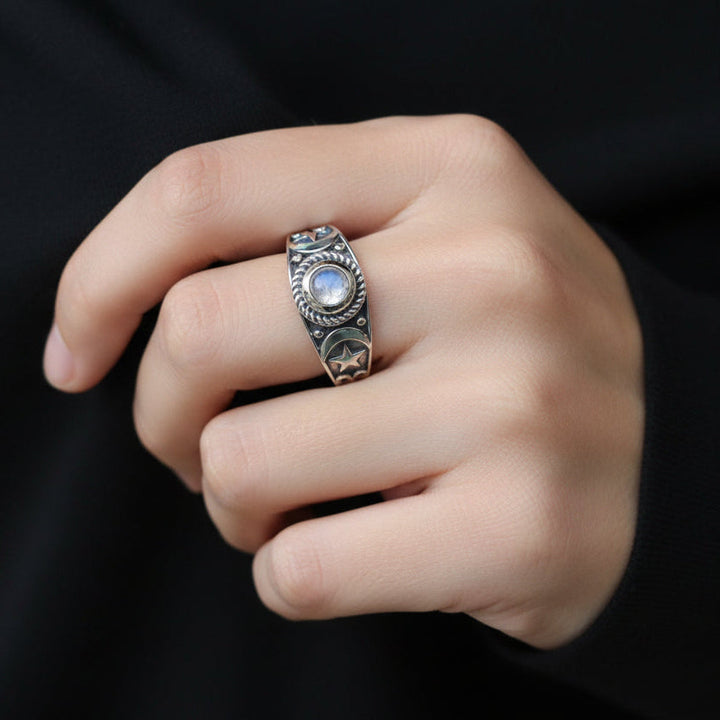Locasta Crescent Moon & Stars Ring in Sterling Silver