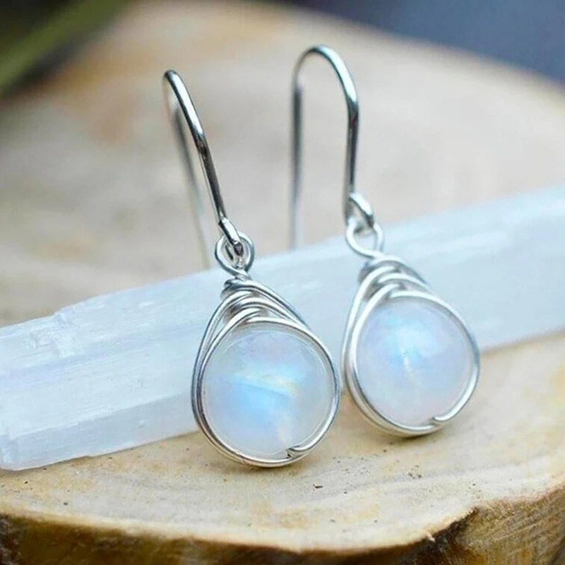 Refined Silver Drop Earrings Set with Moonstone