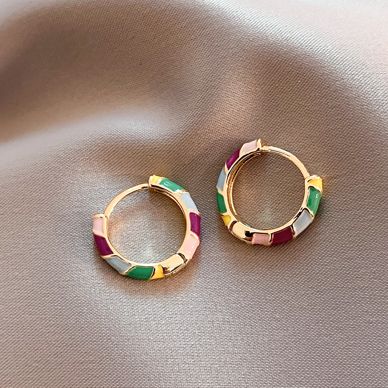 Elegant Gold Earrings Adorned with Multicolored Enamel