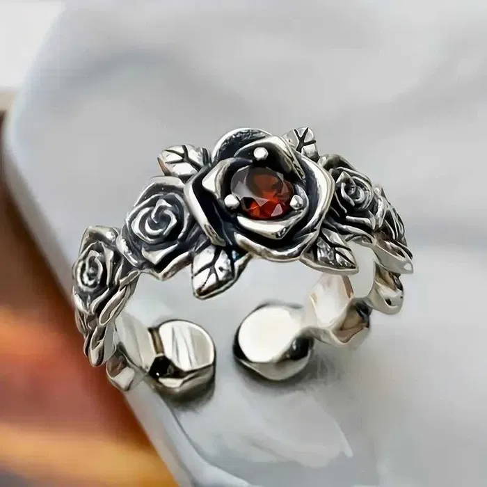 Adjustable Orange Crystal Silvered Flower Ring